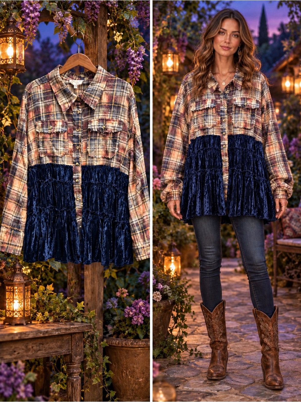 Oli & Hali "Delicate Embrace" Bleach Plaid Velvet Ruffle Shirt